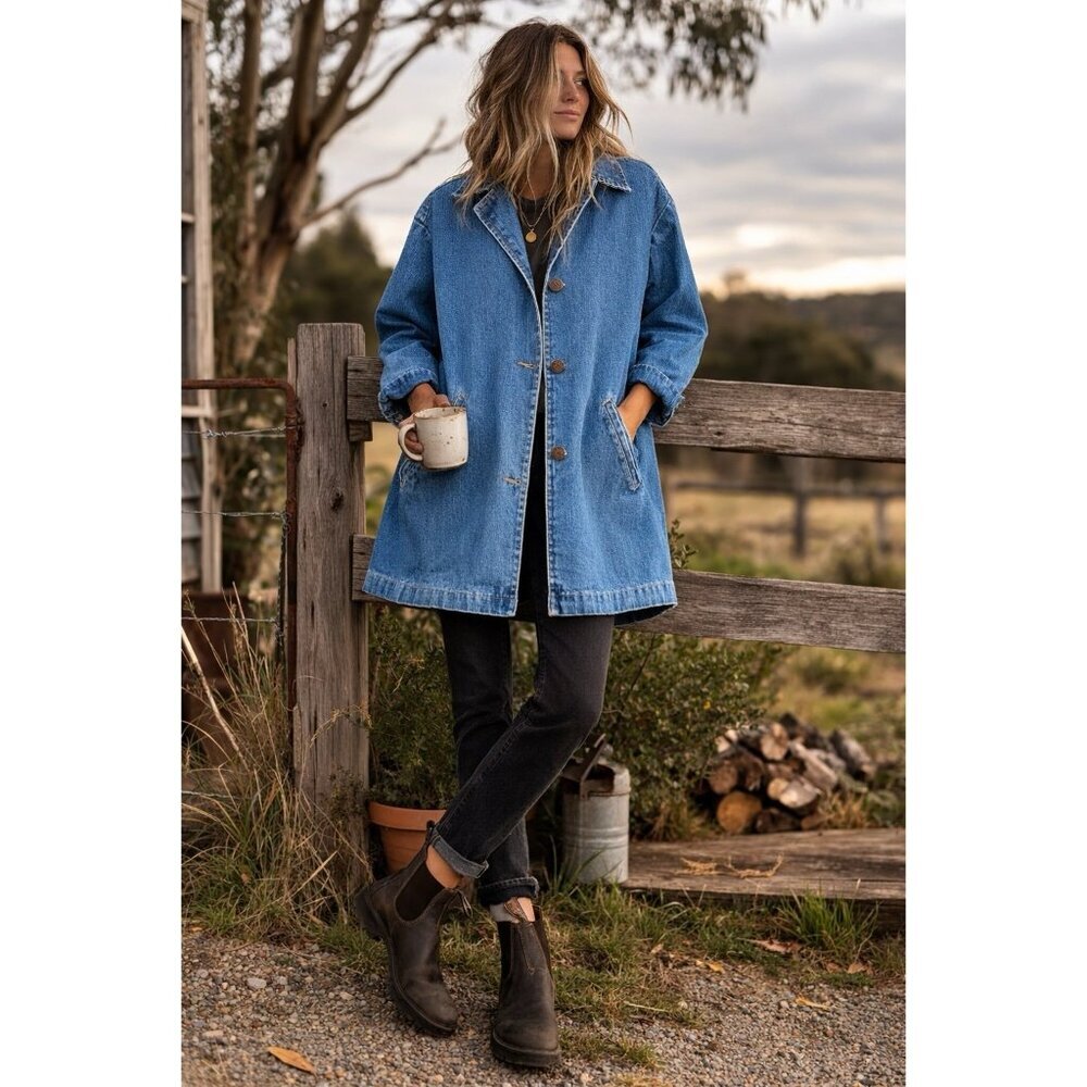 Vintage 90s Bill Blass Womens Denim Barn Chore Coat Sz Large Petite Blue Utility